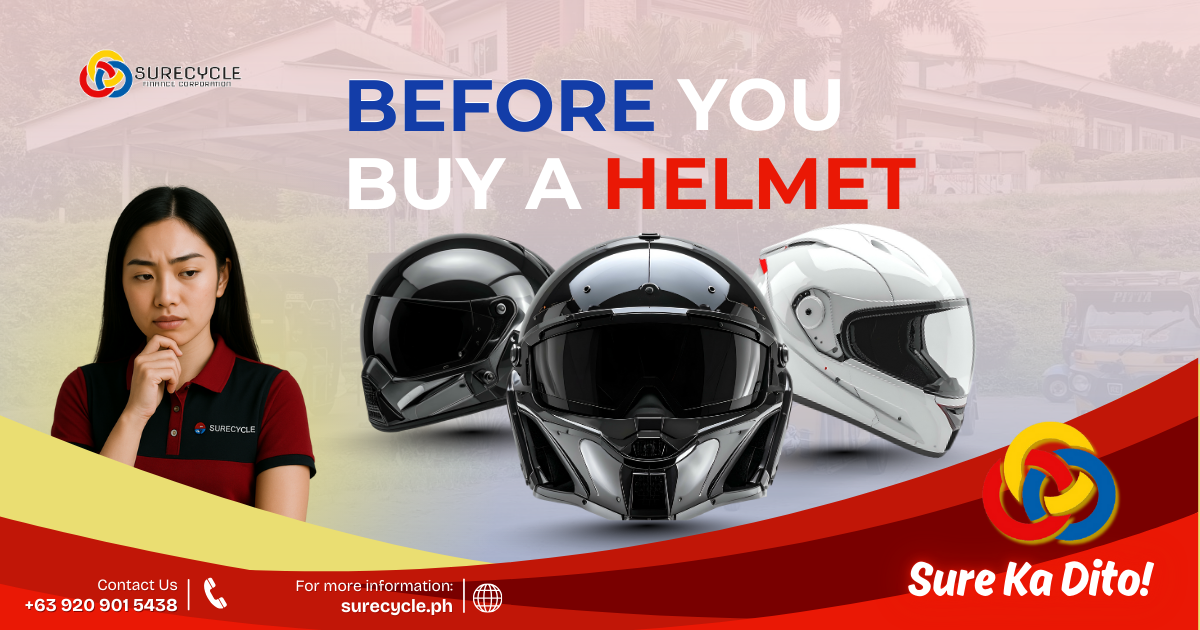 Graphics on what you should consider before Buying a Helmet and how Surecycl Finance can help you.